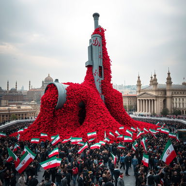 A striking, surreal scene of a gigantic gun the size of a building dominating Tehran's city square, surrounded by an array of vibrant red flowers flowing from its openings, creating a stark contrast against the urban landscape
