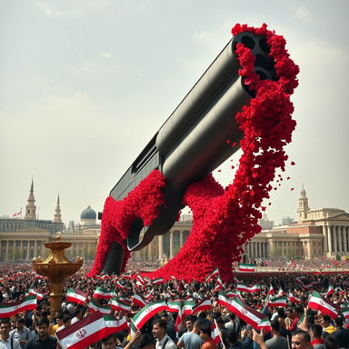 A striking, surreal scene of a gigantic gun the size of a building dominating Tehran's city square, surrounded by an array of vibrant red flowers flowing from its openings, creating a stark contrast against the urban landscape