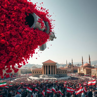 A striking, surreal scene of a gigantic gun the size of a building dominating Tehran's city square, surrounded by an array of vibrant red flowers flowing from its openings, creating a stark contrast against the urban landscape