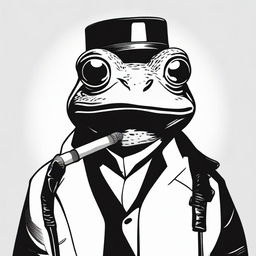 A high contrast, black and white vector-style illustration of a frog smoking a cigarette on a white background. Maintain a simple, flat design and line art style without any use of colors.