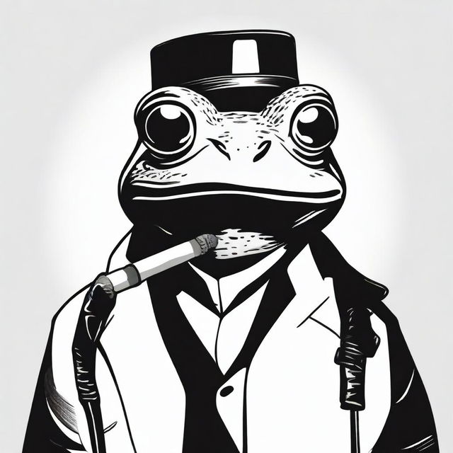 A high contrast, black and white vector-style illustration of a frog smoking a cigarette on a white background. Maintain a simple, flat design and line art style without any use of colors.