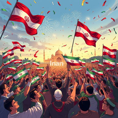 A dynamic and powerful illustration celebrating the victory of Iran, showcasing a large crowd of enthusiastic supporters waving flags, dressed in traditional Persian attire, with a backdrop of iconic Iranian architecture like the Azadi Tower