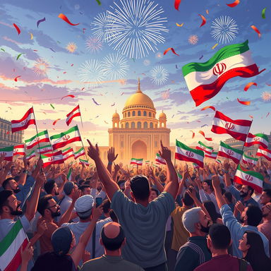 A dynamic and powerful illustration celebrating the victory of Iran, showcasing a large crowd of enthusiastic supporters waving flags, dressed in traditional Persian attire, with a backdrop of iconic Iranian architecture like the Azadi Tower