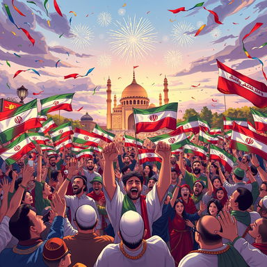 A dynamic and powerful illustration celebrating the victory of Iran, showcasing a large crowd of enthusiastic supporters waving flags, dressed in traditional Persian attire, with a backdrop of iconic Iranian architecture like the Azadi Tower