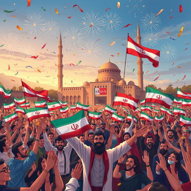 A dynamic and powerful illustration celebrating the victory of Iran, showcasing a large crowd of enthusiastic supporters waving flags, dressed in traditional Persian attire, with a backdrop of iconic Iranian architecture like the Azadi Tower