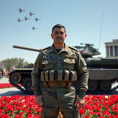 A military man standing proudly in Tehran's Azadi Square, wearing a detailed tactical military uniform with insignia