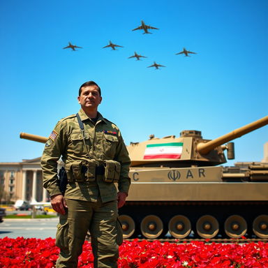 A military man standing proudly in Tehran's Azadi Square, wearing a detailed tactical military uniform with insignia