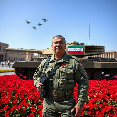 A military man standing proudly in Tehran's Azadi Square, wearing a detailed tactical military uniform with insignia