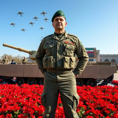 A military man standing proudly in Tehran's Azadi Square, wearing a detailed tactical military uniform with insignia