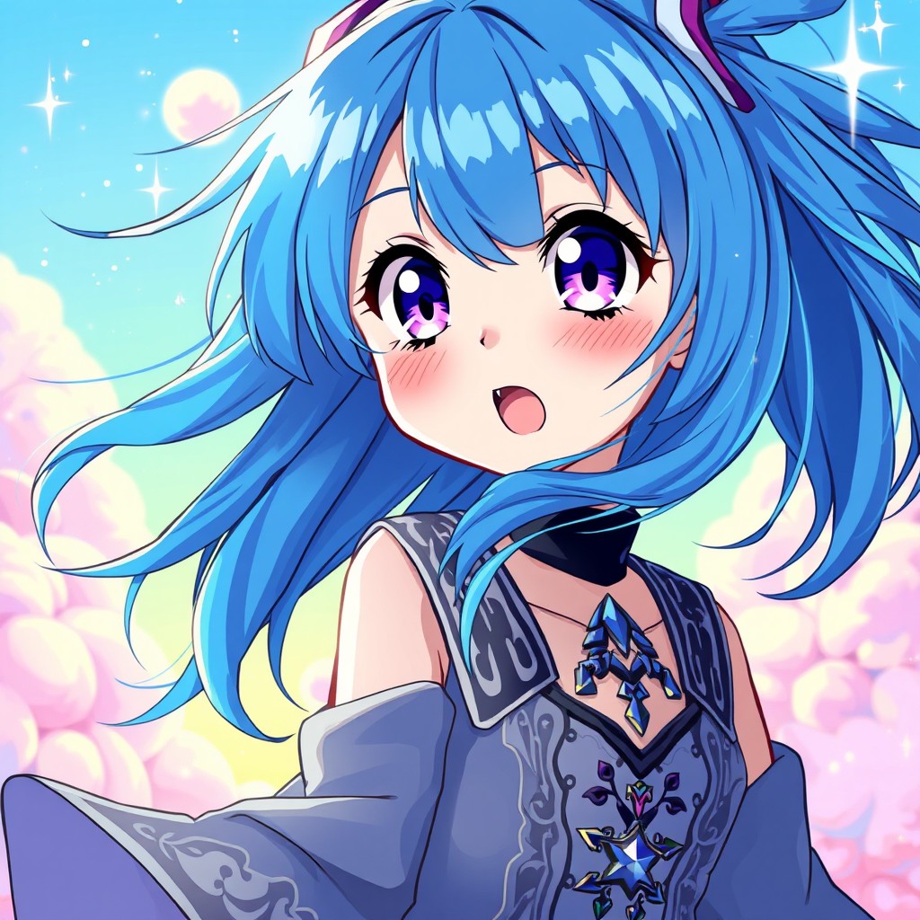 A stunning digital artwork of a blue-haired anime girl, capturing her expressive and vibrant personality