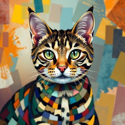 A vibrant and colorful mosaic style tabby cat, showcasing intricate patterns and diverse colors resembling a collage of various tiles