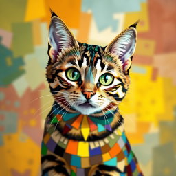 A vibrant and colorful mosaic style tabby cat, showcasing intricate patterns and diverse colors resembling a collage of various tiles