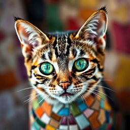 A vibrant and colorful mosaic style tabby cat, showcasing intricate patterns and diverse colors resembling a collage of various tiles