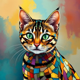 A vibrant and colorful mosaic style tabby cat, showcasing intricate patterns and diverse colors resembling a collage of various tiles