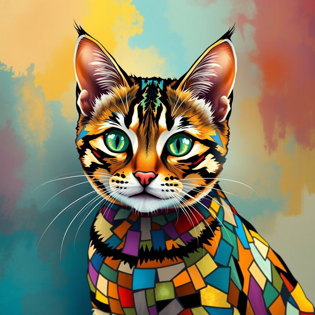 A vibrant and colorful mosaic style tabby cat, showcasing intricate patterns and diverse colors resembling a collage of various tiles