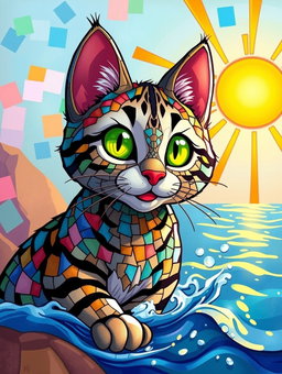 An animated, vibrant mosaic style tabby cat, featuring intricate patterns and a rich array of colors that resemble a collage of various tiles