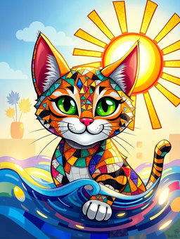 An animated, vibrant mosaic style tabby cat, featuring intricate patterns and a rich array of colors that resemble a collage of various tiles