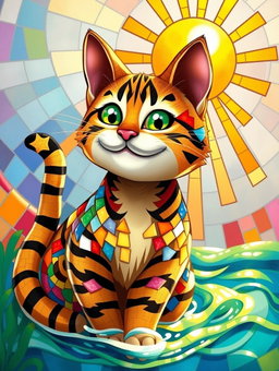 An animated, vibrant mosaic style tabby cat, featuring intricate patterns and a rich array of colors that resemble a collage of various tiles