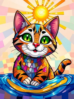 An animated, vibrant mosaic style tabby cat, featuring intricate patterns and a rich array of colors that resemble a collage of various tiles