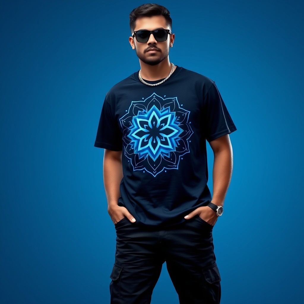 A very realistic image of a confident young man wearing a dark navy wide T-shirt featuring a glowing blue mandala and a silver Trishul symbol prominently in the center