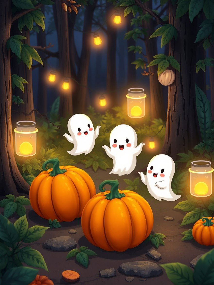 A charming animated scene featuring cute, whimsical ghosts playfully interacting with bright orange pumpkins in a forest setting