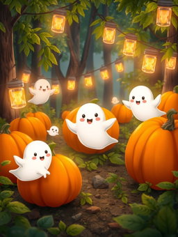 A charming animated scene featuring cute, whimsical ghosts playfully interacting with bright orange pumpkins in a forest setting