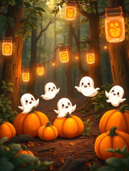 A charming animated scene featuring cute, whimsical ghosts playfully interacting with bright orange pumpkins in a forest setting