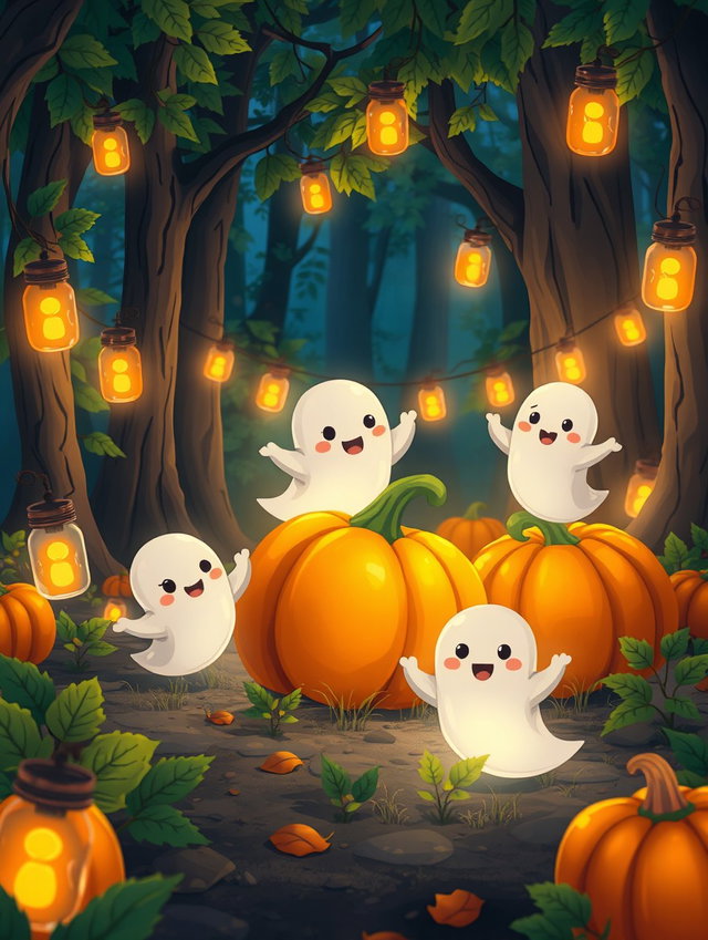 A charming animated scene featuring cute, whimsical ghosts playfully interacting with bright orange pumpkins in a forest setting