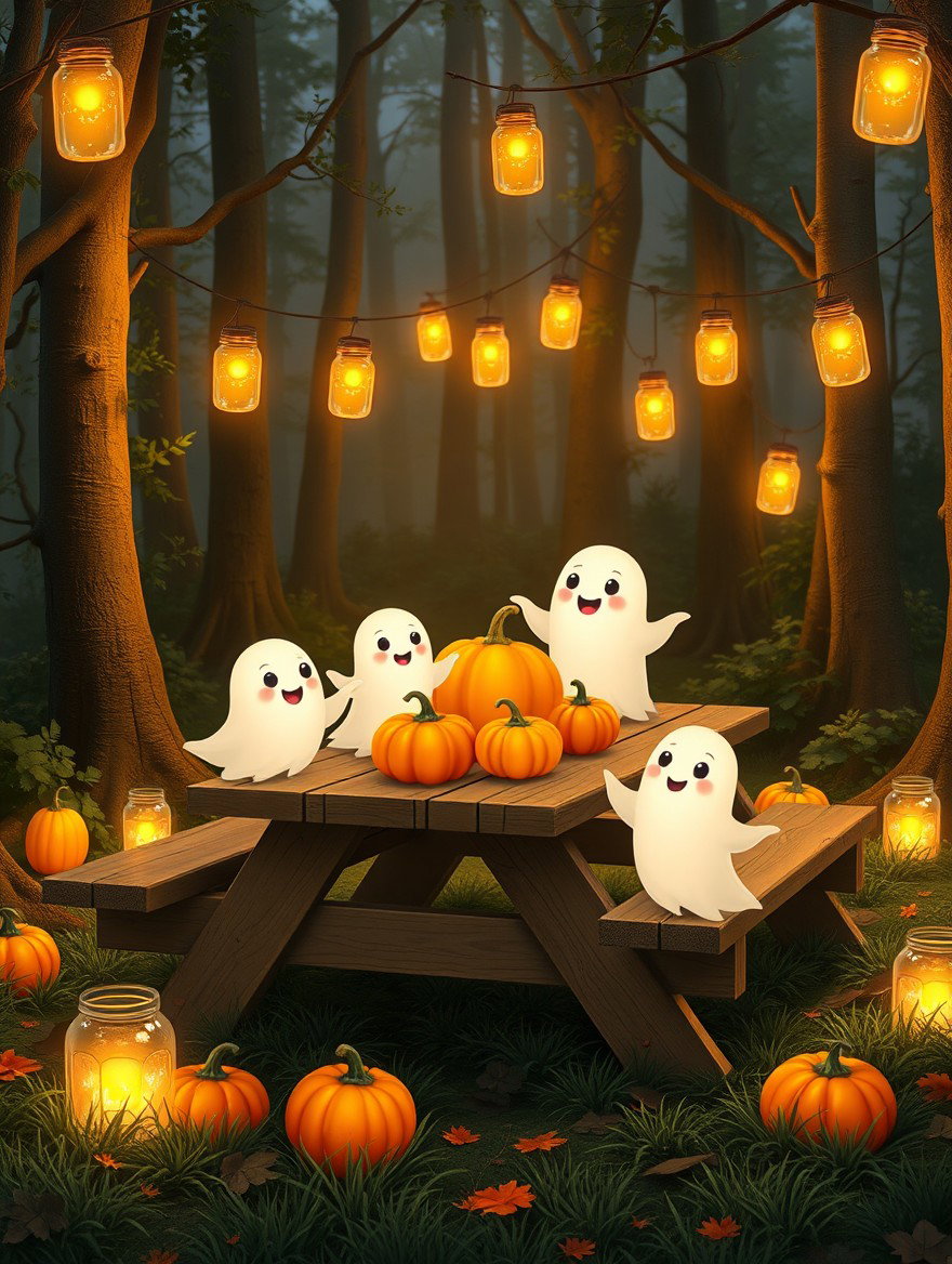 A charming animated scene featuring cute, whimsical ghosts playfully interacting with bright orange pumpkins on a picnic table set in a lush forest