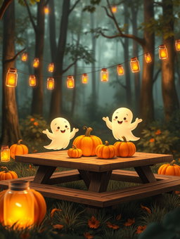 A charming animated scene featuring cute, whimsical ghosts playfully interacting with bright orange pumpkins on a picnic table set in a lush forest