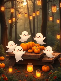 A charming animated scene featuring cute, whimsical ghosts playfully interacting with bright orange pumpkins on a picnic table set in a lush forest