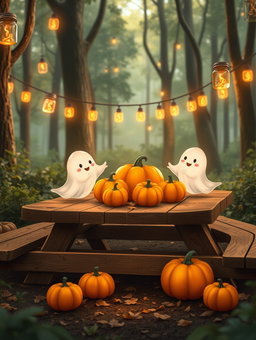 A charming animated scene featuring cute, whimsical ghosts playfully interacting with bright orange pumpkins on a picnic table set in a lush forest
