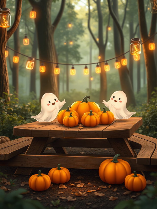 A charming animated scene featuring cute, whimsical ghosts playfully interacting with bright orange pumpkins on a picnic table set in a lush forest