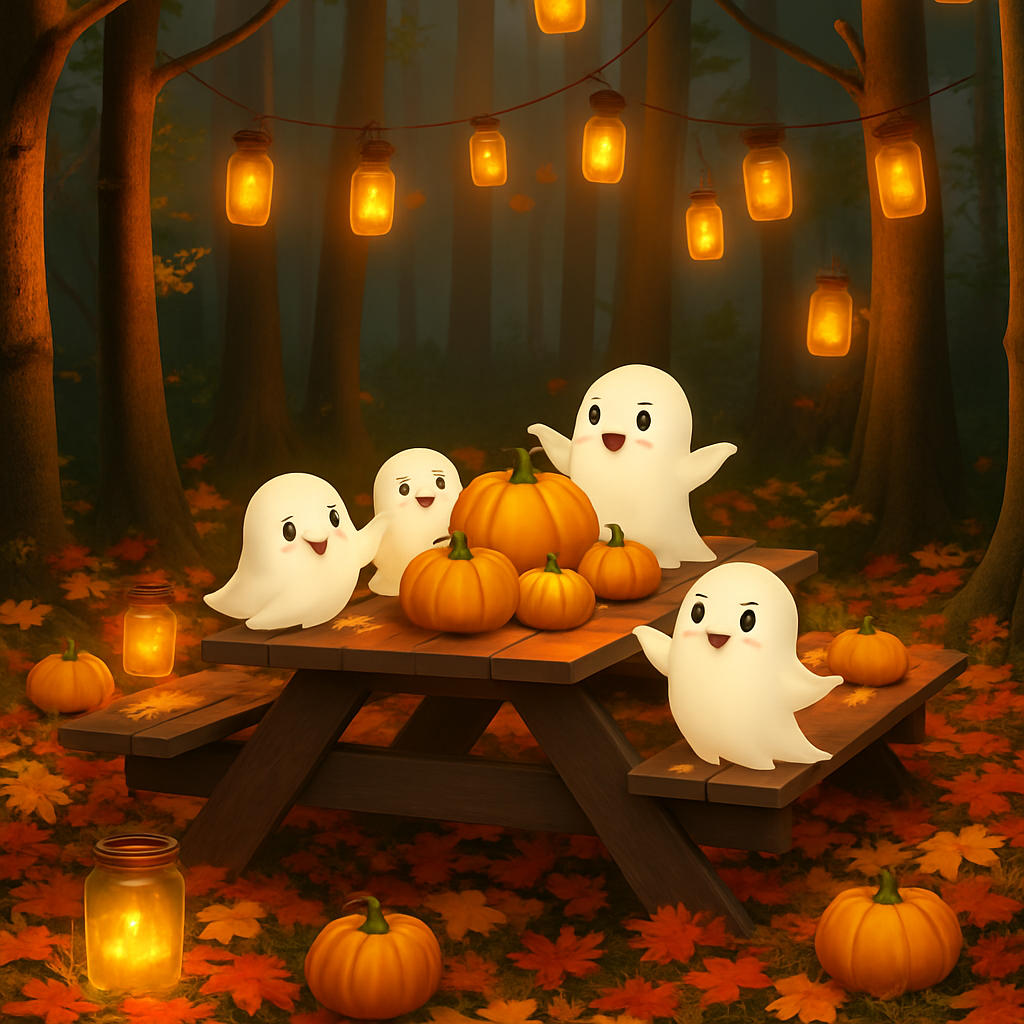 A charming animated scene featuring cute, whimsical ghosts happily gathered around a picnic table in a forest