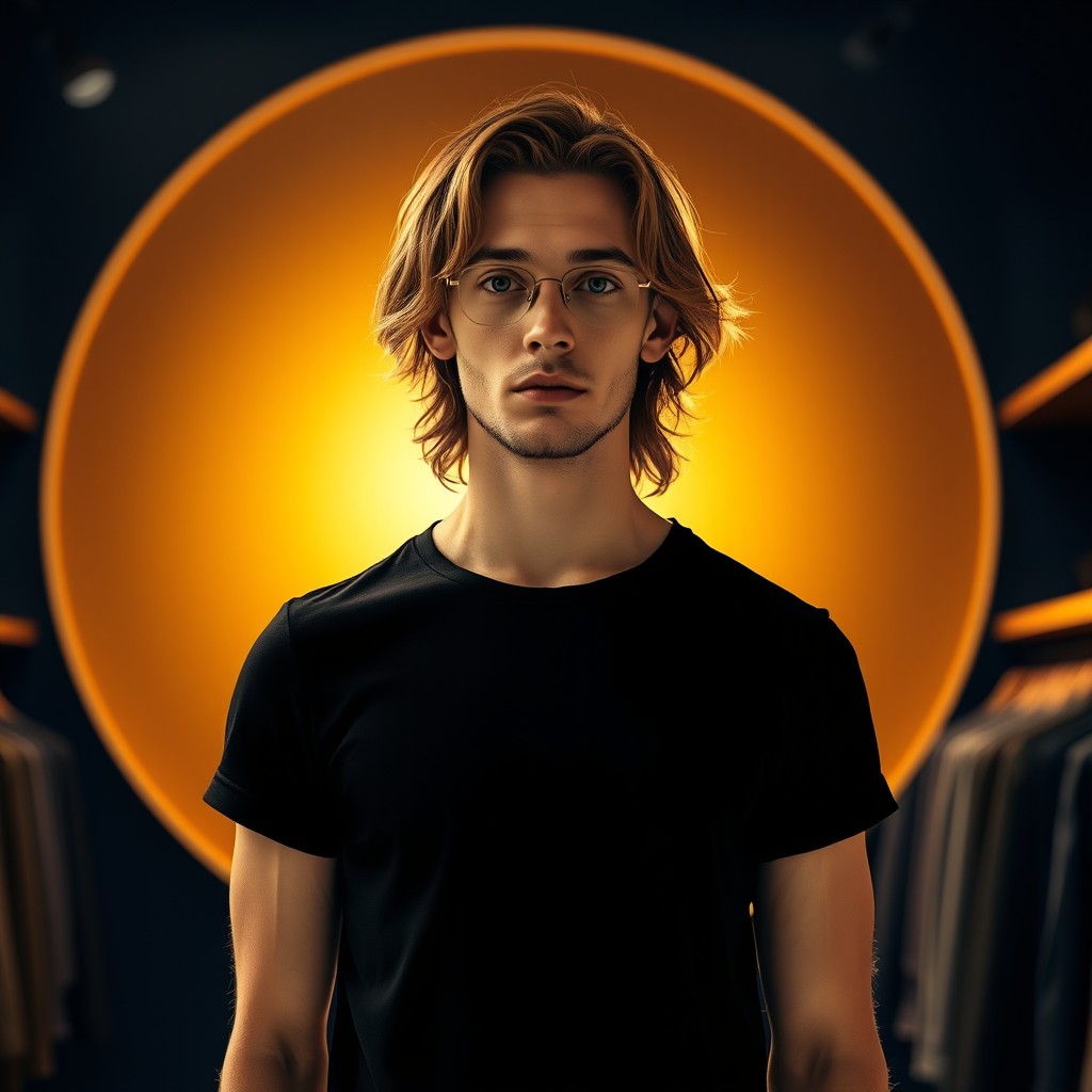 A vibrant advertising poster styled like a movie poster, depicting a male model inside a men's fashion store