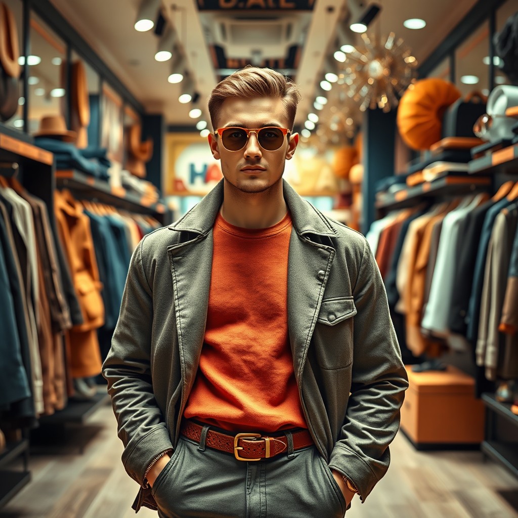 A vibrant and eye-catching movie poster featuring a male fashion model inside a stylish clothing and accessories store