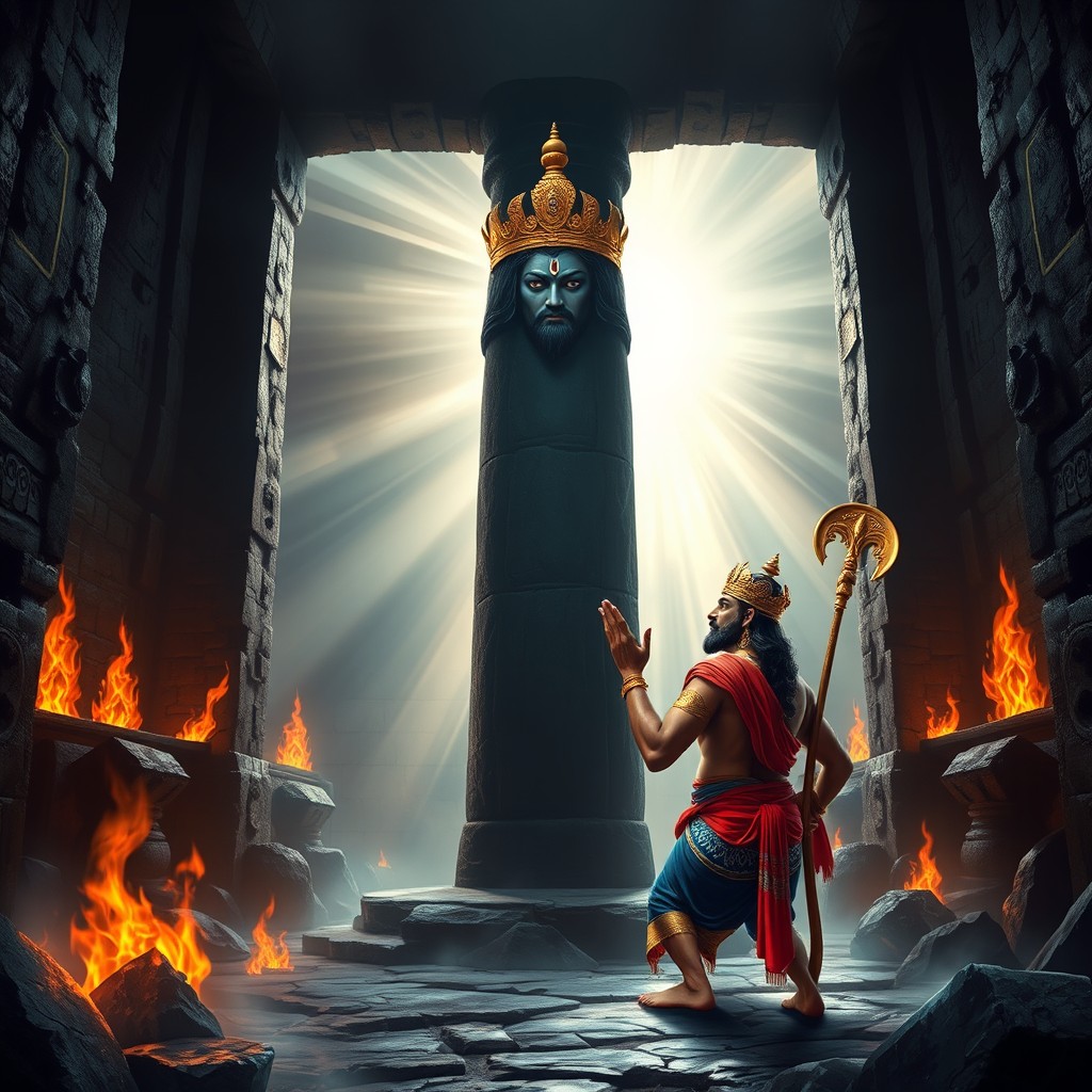 A terrifying interior scene of Ravana's magical prison, made of deep black stones, featuring mystical symbols and flames of tantric fire rising from the walls