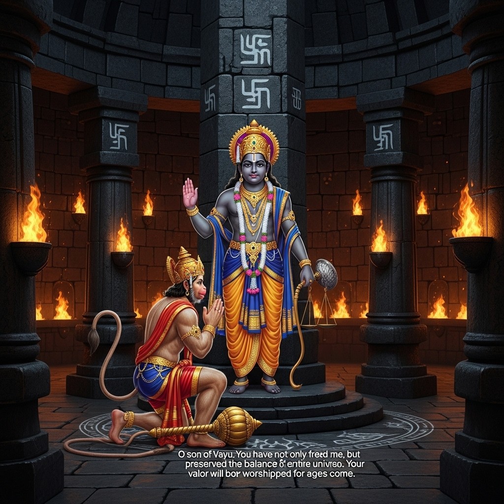 The interior of Ravana's terrifying magical prison, crafted from deep black stones, featuring mystical symbols and flames of tantric fire rising from the walls