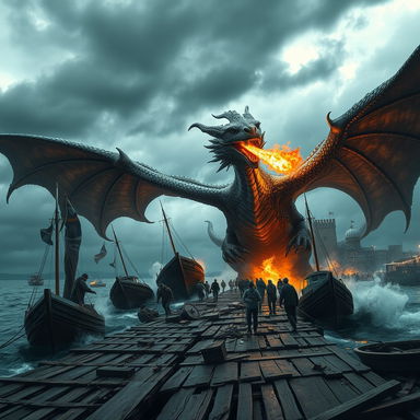 A massive dragon with shimmering scales and fierce claws wreaking havoc on a bustling wharf, with boats tossed into the air and fishermen fleeing in panic