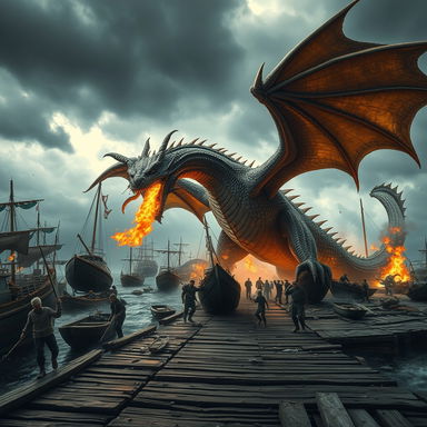 A massive dragon with shimmering scales and fierce claws wreaking havoc on a bustling wharf, with boats tossed into the air and fishermen fleeing in panic