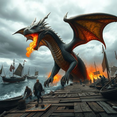 A massive dragon with shimmering scales and fierce claws wreaking havoc on a bustling wharf, with boats tossed into the air and fishermen fleeing in panic