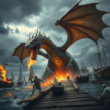 A massive dragon with shimmering scales and fierce claws wreaking havoc on a bustling wharf, with boats tossed into the air and fishermen fleeing in panic