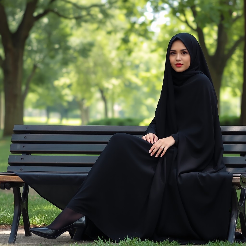 A serene scene of a woman in full achadori attire, dressed in a flowing black chador that envelops her entire body, accentuating her elegant figure