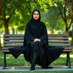 A serene scene of a woman in full achadori attire, dressed in a flowing black chador that envelops her entire body, accentuating her elegant figure