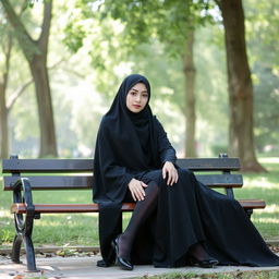 A serene scene of a woman in full achadori attire, dressed in a flowing black chador that envelops her entire body, accentuating her elegant figure