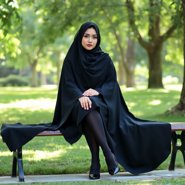 A serene scene of a woman in full achadori attire, dressed in a flowing black chador that envelops her entire body, accentuating her elegant figure
