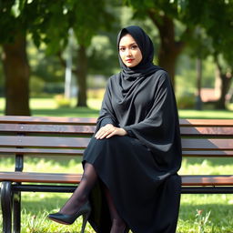 A woman seated on a bench in a tranquil park, adorned in a traditional black chador that gracefully covers her entire body