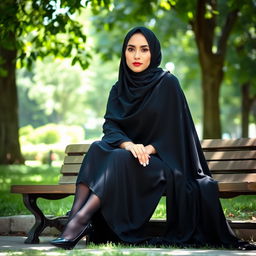 A woman seated on a bench in a tranquil park, adorned in a traditional black chador that gracefully covers her entire body
