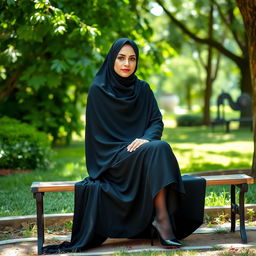 A woman seated on a bench in a tranquil park, adorned in a traditional black chador that gracefully covers her entire body