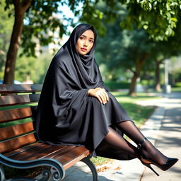 A woman seated on a bench in a tranquil park, adorned in a traditional black chador that gracefully covers her entire body